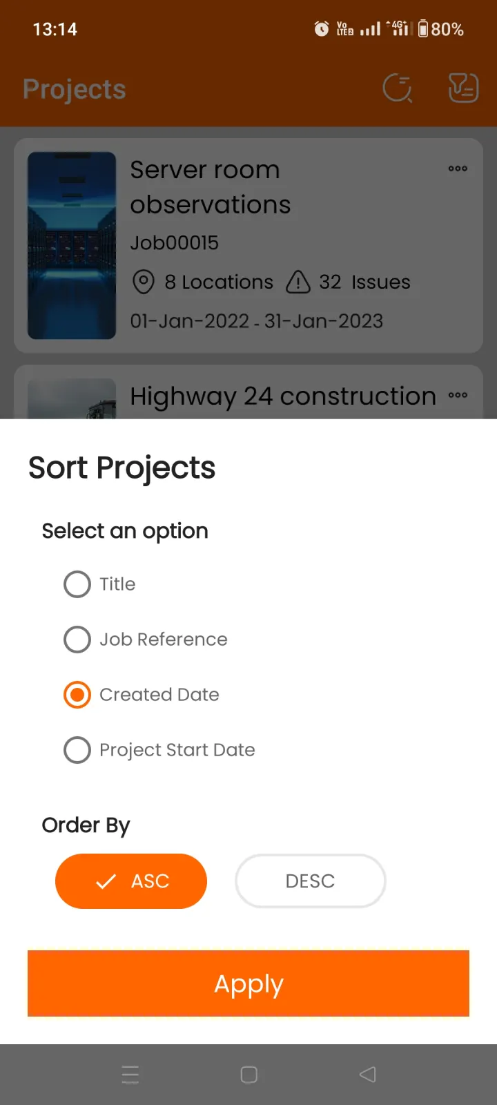 Sort projects by title, job reference or date