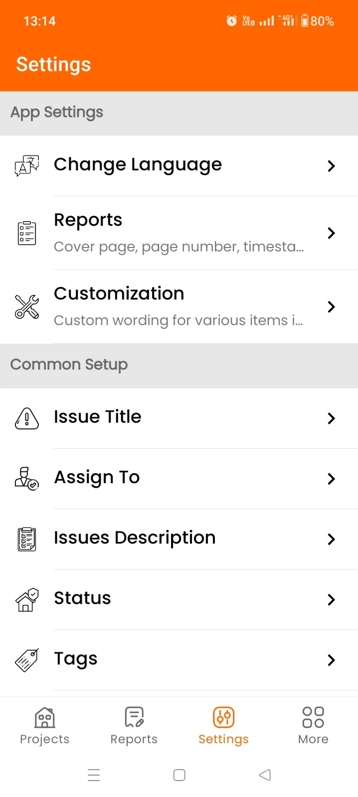 Settings screen where statuses, tags, priorities and report labels can be customized