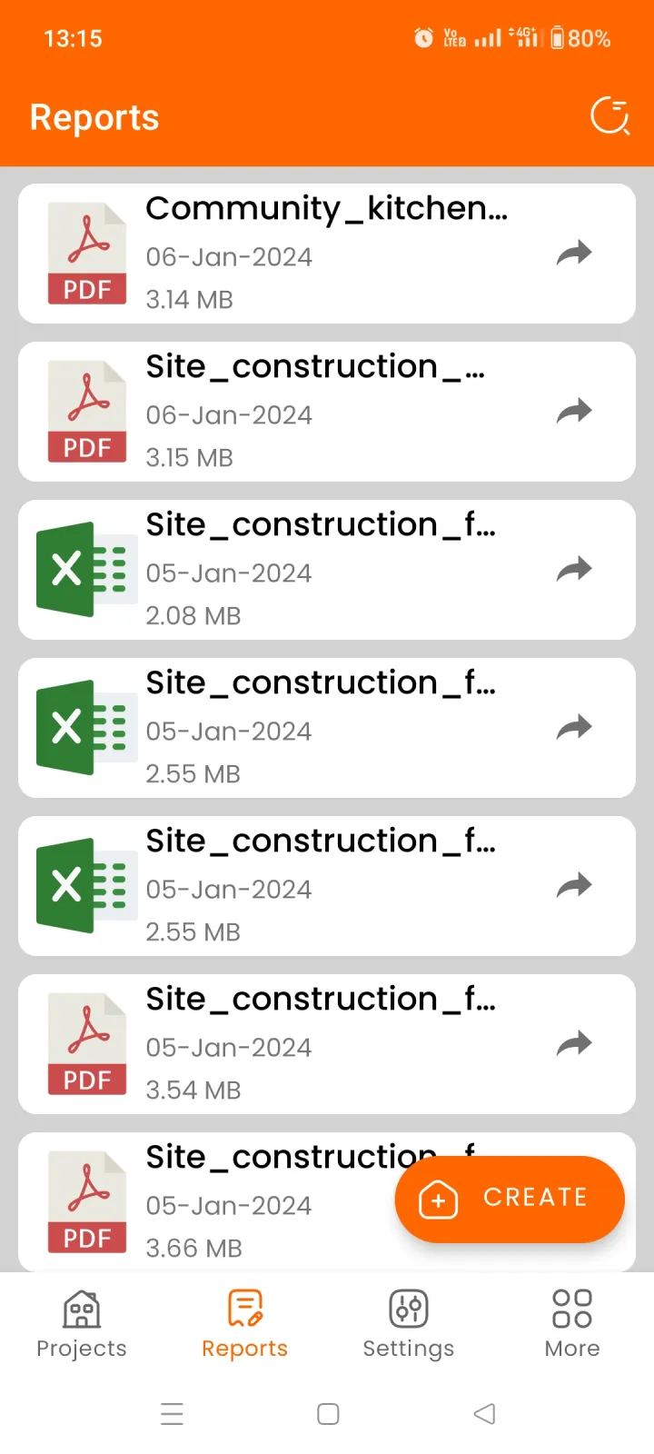 Reports screen listing generated PDF and Excel site reports ready to share